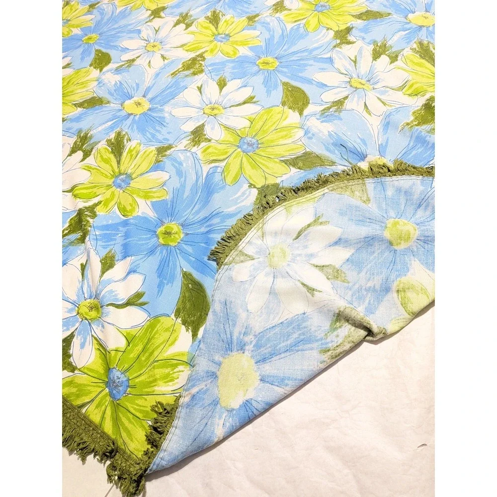 VTG Cannon Royal Family Queen Bedspread Mod 60s 70s Floral Fringe Green Blue